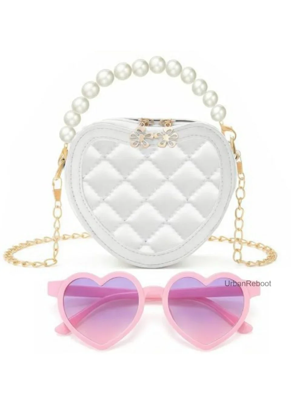 Girls Heart Crossbody Bag Quilted PU Leather Mini Purse Gold Chain Strap